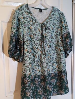 SHEIN Mint Green Floral Tie-Front Puff Sleeve Tunic